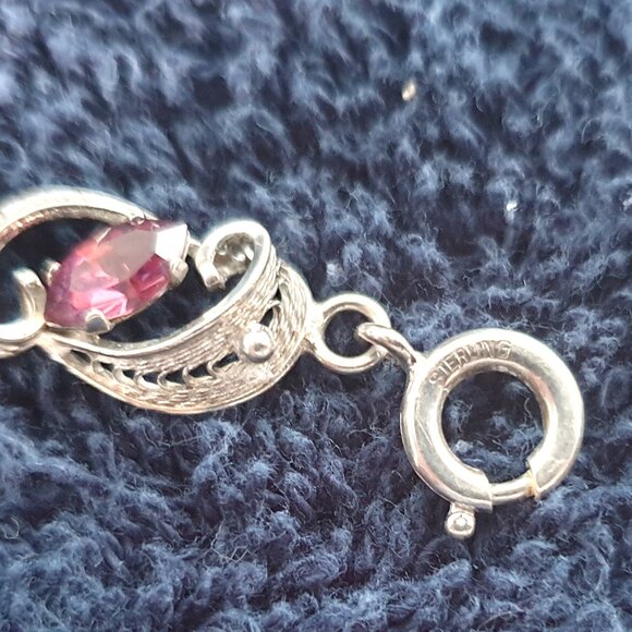 Rare Vintage Filigree Sterling Purple Rhinestone Crystal Art Nouveau Bracelet - Picture 8 of 15